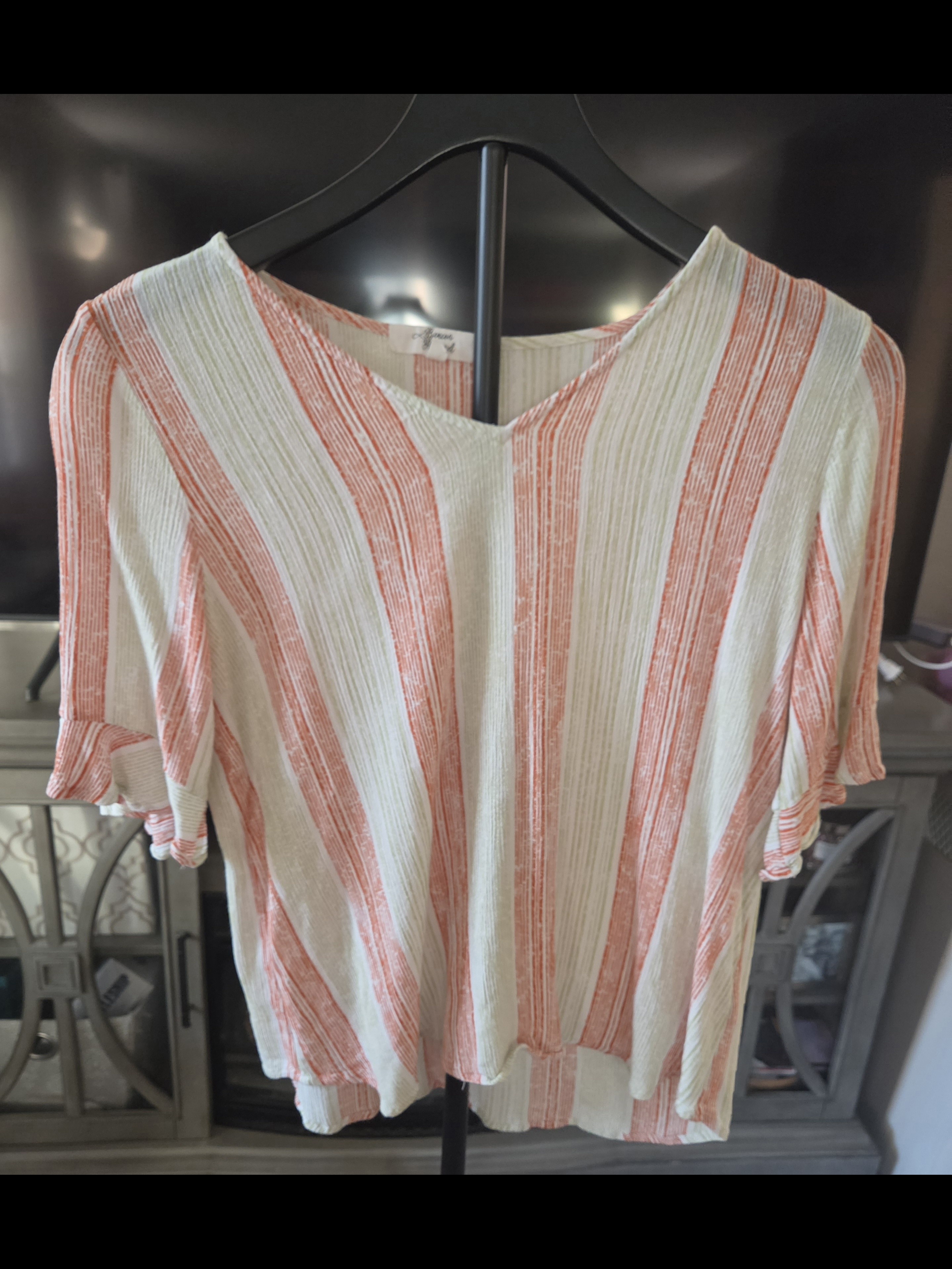 Beacon Apparel Striped Coral And Cream V-Neck Short Sleeve Blouse(L)